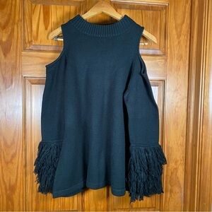 Roaman's Black Cold-Shoulder Sweater with Fringe Long Sleeves